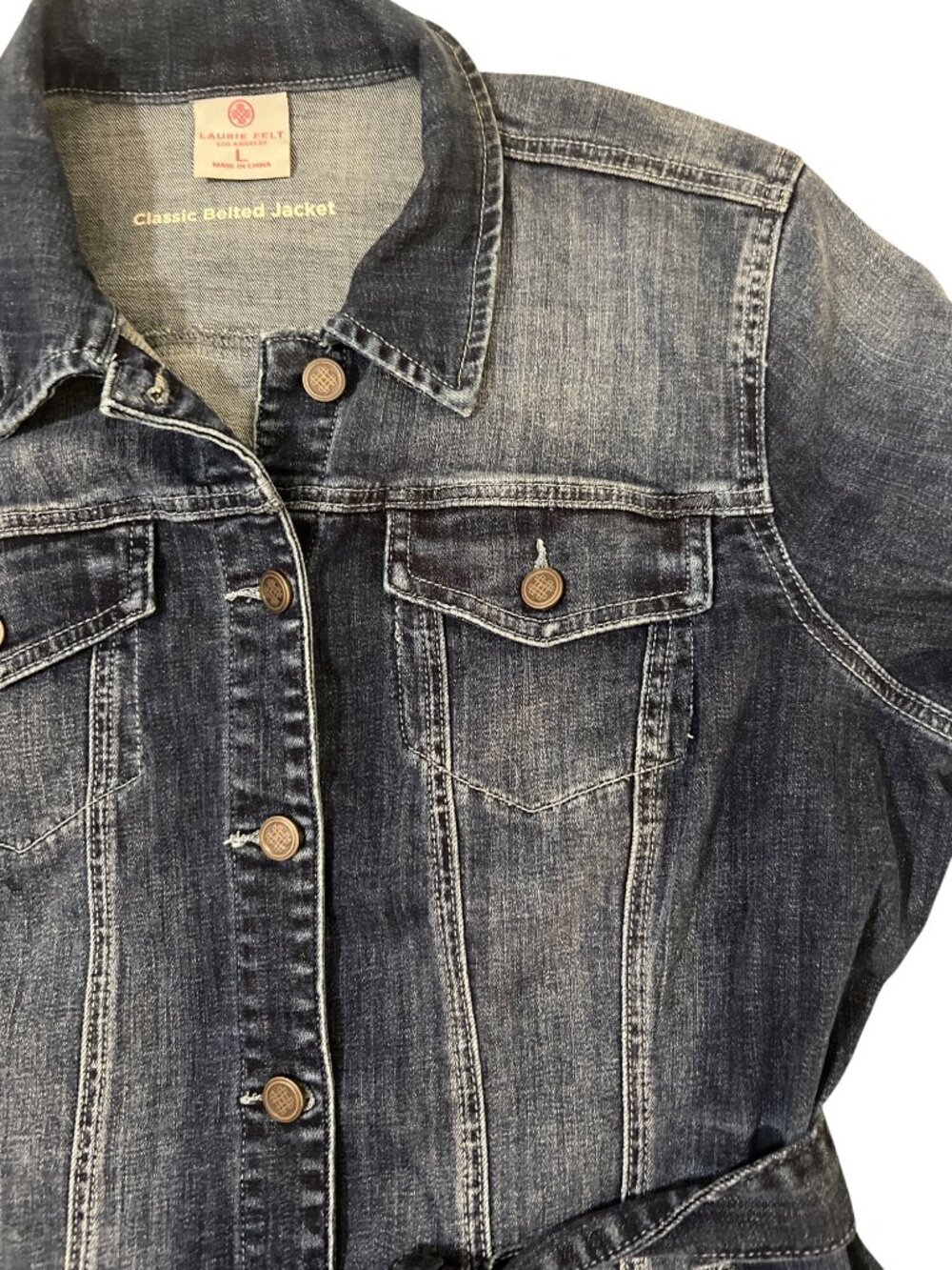 Laurie Felt Los Angeles Classic Denim Belted Jean Jacket Dark Wash Large - Picture 3 of 7